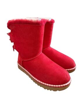 UGG Short Boots Bailey Bow Gingham Red Suede Leather Womens Sz US 5 EU 36 UK 3